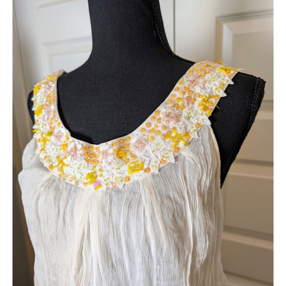 Anthropologie Hazel Embellished Gauzy Silk Top Size M Cream Blouse Artsy Boho - Picture 3 of 10